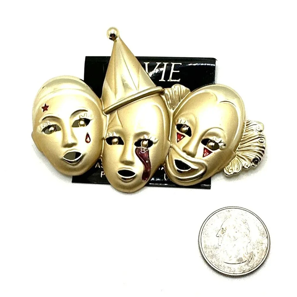 NWT Vintage EnVIE Circus Clowns Brooch 1980s Satin Gold Tone NOS Statement 3.5”